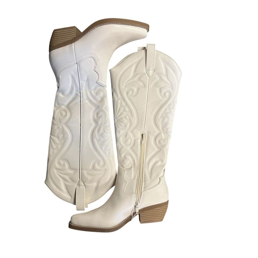 Wild Fable Women's Ivory Western Boots Mid-Calf Embroidered Pull-On